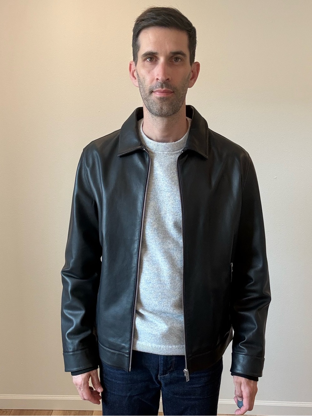 Theory Black Leather Zip Bomber Jacket